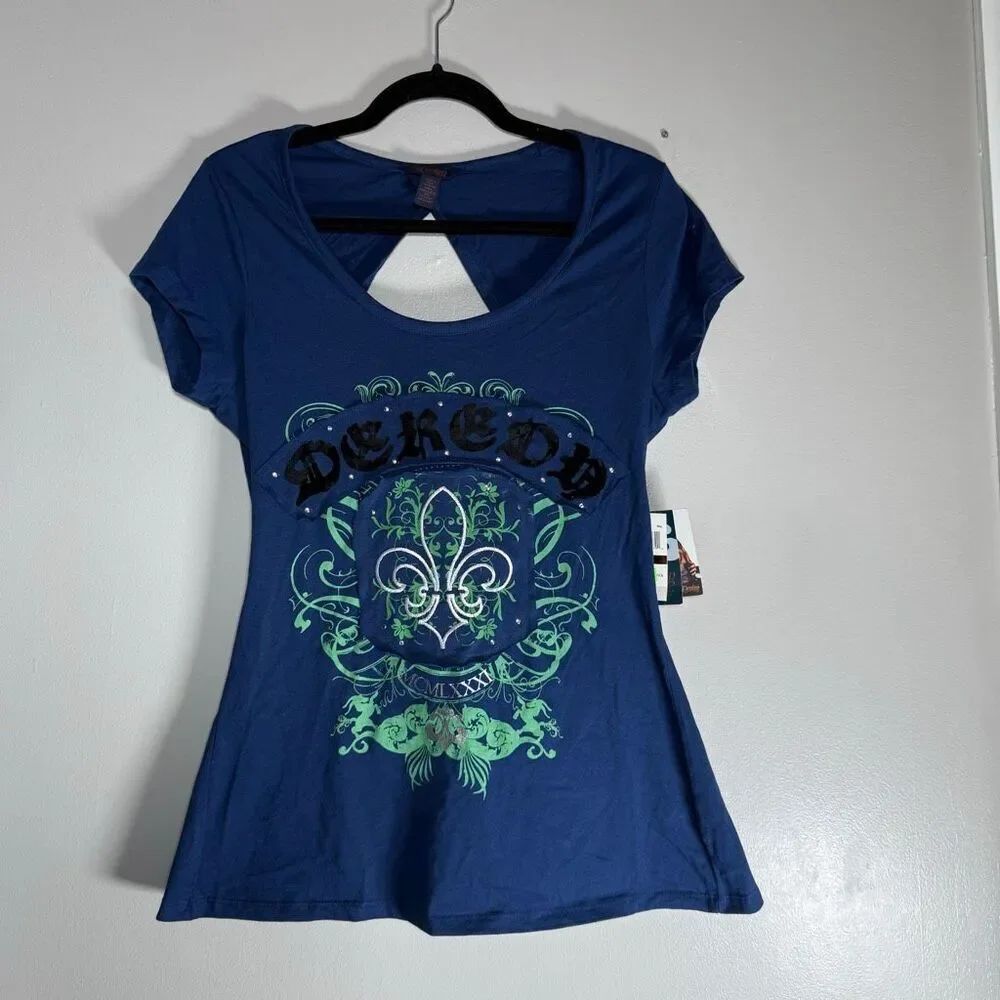 NWT Vintage Dereon Blue Graphic Tee Y2K Fleur De Lis Tie Back Top Shirt